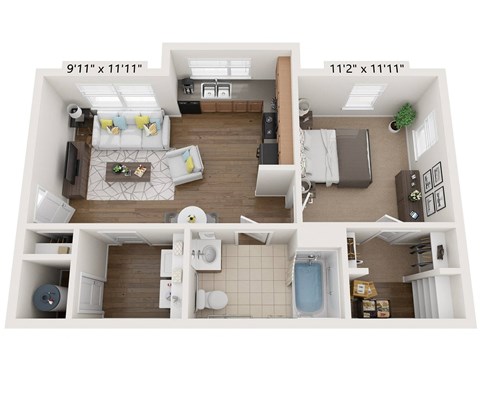 Floor plan for 1 bed, 1 bath, 628 sqft